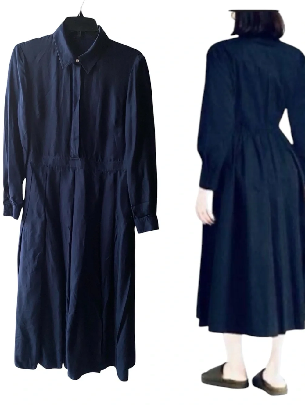 TORY BURCH SILK Navy Blue 100% Silk Pleated Midi Shirtdress long sleeve